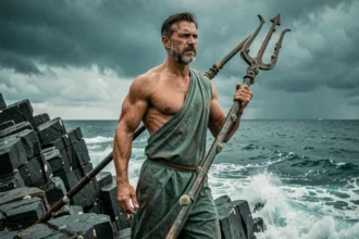 Dieu grec de la mer Poséidon brandissant son trident face à l'océan déchaîné sur des falaises rocheuses