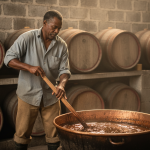 Homme créole en action dans une distillerie traditionnelle de rhum