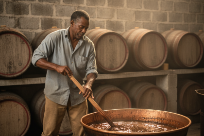 Homme créole en action dans une distillerie traditionnelle de rhum