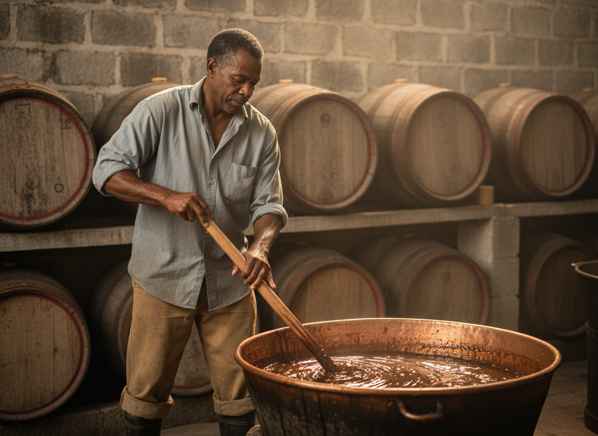 Homme créole en action dans une distillerie traditionnelle de rhum