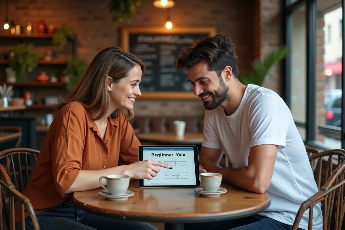 Deux débutants du web consultant ensemble un tutoriel Aipdb sur une tablette dans un café urbain