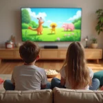 Deux enfants regardent des programmes jeunesse sur la télévision familiale l'après-midi dans un salon cosy