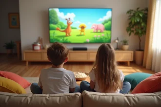 Deux enfants regardent des programmes jeunesse sur la télévision familiale l'après-midi dans un salon cosy