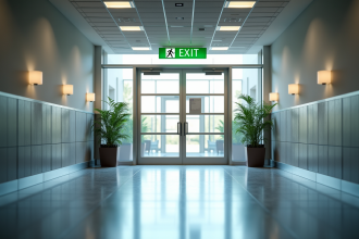 Entrée lumineuse d'un bâtiment public avec signalisation de sortie de secours