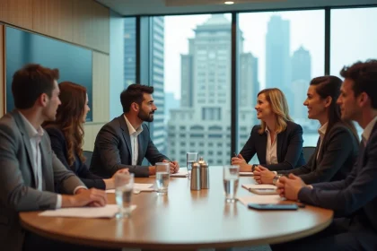 Groupe de coll&egrave;gues en r&eacute;union dans un bureau moderne