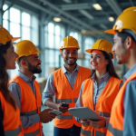 Equipe d'entrepot en discussion dans un centre de distribution
