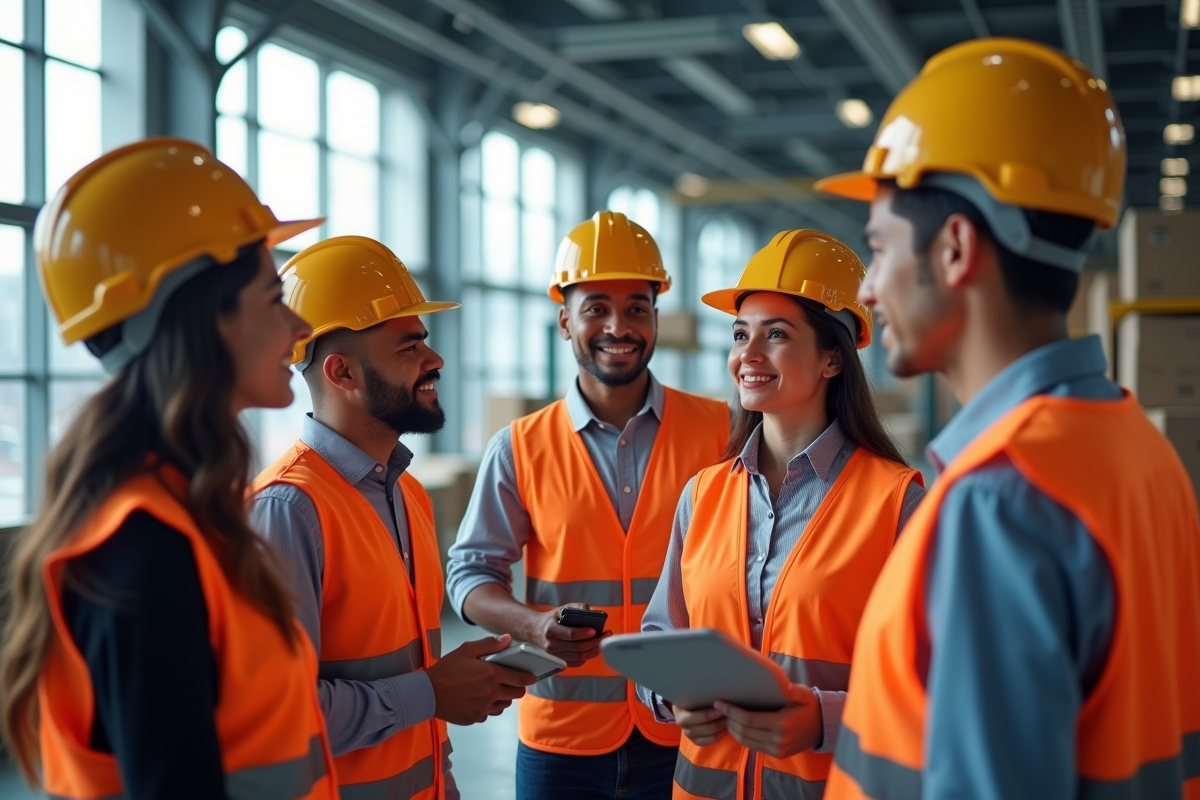 Equipe d'entrepot en discussion dans un centre de distribution