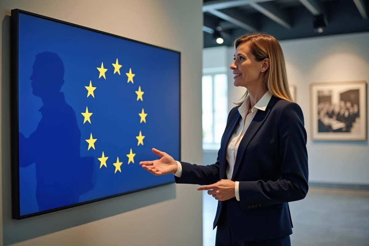 Femme experte présentant le drapeau européen avec ses douze étoiles dorées dans un musée d'histoire contemporaine