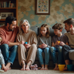 Famille multigeneration dans un salon chaotique