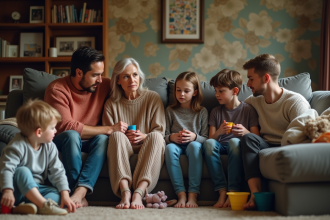Famille multigeneration dans un salon chaotique