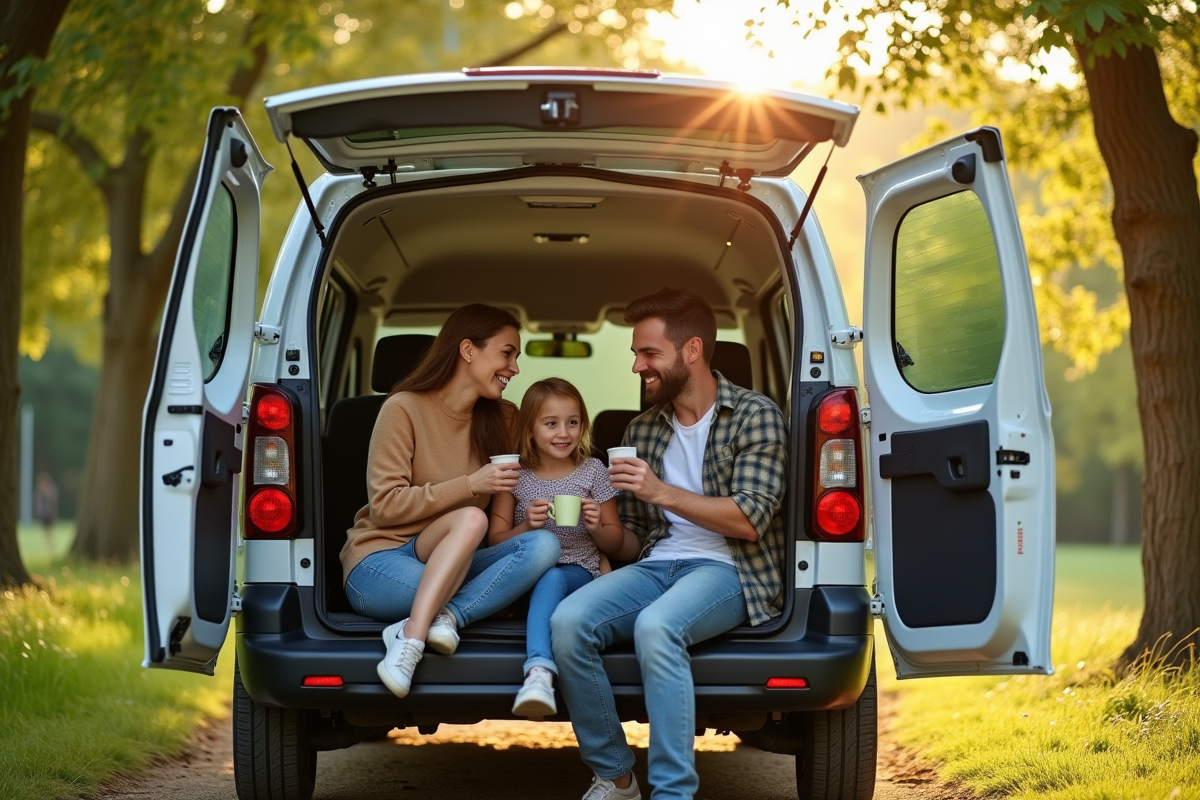 Famille autour du Peugeot Partner Tepee au repos avec café