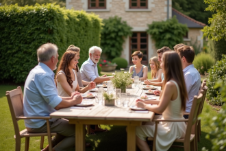 Famille multigenerationale dans un jardin en été