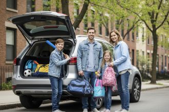 Famille avec SUV dans une rue urbaine printanière