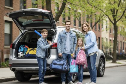 Famille avec SUV dans une rue urbaine printanière