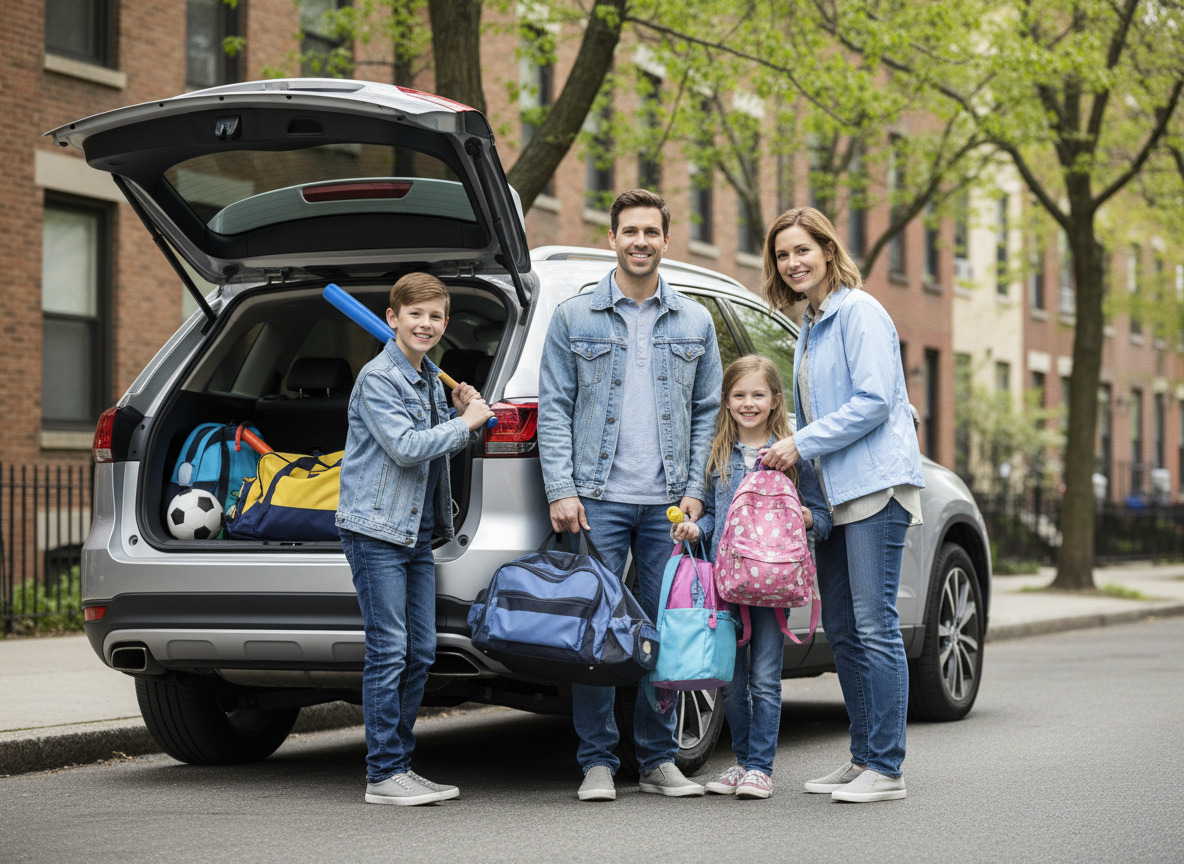 Famille avec SUV dans une rue urbaine printanière
