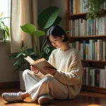 Jeune femme lisant des mangas BL dans un appartement cosy entourée de volumes manga soigneusement rangés