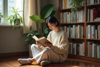 Jeune femme lisant des mangas BL dans un appartement cosy entourée de volumes manga soigneusement rangés