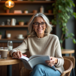 Femme élégante de 50 ans lisant un magazine au café