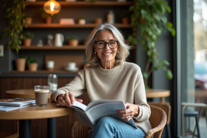 Femme élégante de 50 ans lisant un magazine au café