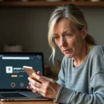 Femme regardant un appel inconnu sur son smartphone à côté d'un ordinateur affichant Amazon