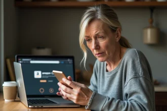 Femme regardant un appel inconnu sur son smartphone à côté d'un ordinateur affichant Amazon