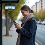 Femme dans un trench bleu vérifiant son téléphone à un arrêt de bus
