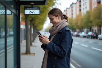 Femme dans un trench bleu vérifiant son téléphone à un arrêt de bus