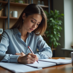 Femme en cuisine examinant des factures et écrivant