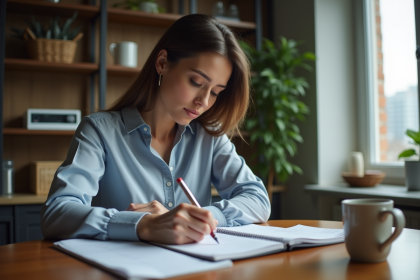 Femme en cuisine examinant des factures et écrivant