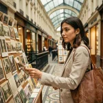 Femme consultant des cartes postales vintage dans une boutique du Passage Vivienne à Paris