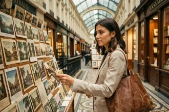 Femme consultant des cartes postales vintage dans une boutique du Passage Vivienne à Paris