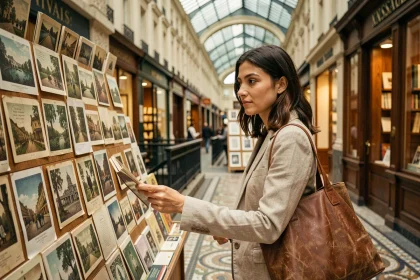 Femme consultant des cartes postales vintage dans une boutique du Passage Vivienne à Paris