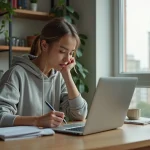 Jeune femme au bureau moderne avec ordinateur portable