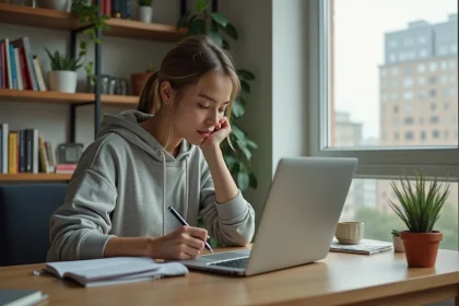 Jeune femme au bureau moderne avec ordinateur portable