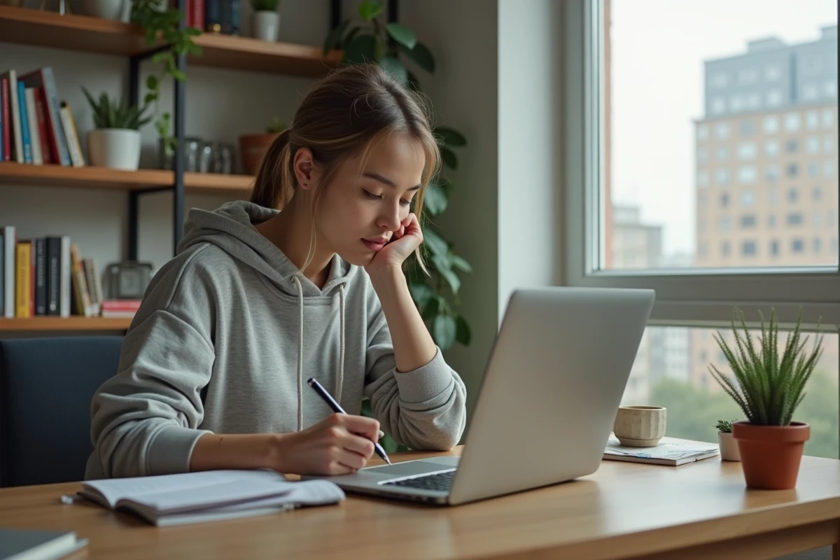 Jeune femme au bureau moderne avec ordinateur portable