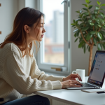Femme en bureau moderne utilisant un ordinateur portable