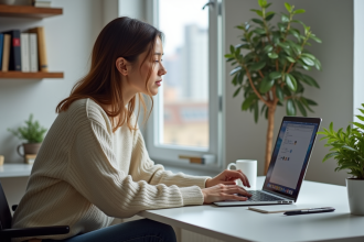 Femme en bureau moderne utilisant un ordinateur portable