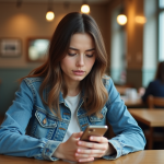Jeune femme au café regardant son smartphone
