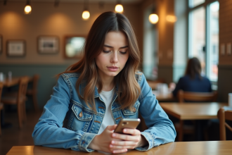 Jeune femme au café regardant son smartphone