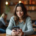 Femme contemplative dans un café regardant le chiffre 0110 sur son téléphone, symbolisant la synchronicité et les signes spirituels