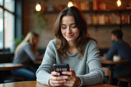 Femme contemplative dans un café regardant le chiffre 0110 sur son téléphone, symbolisant la synchronicité et les signes spirituels