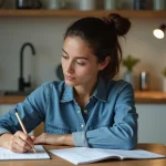 Jeune femme &eacute;crivant des calculs de conversion kilogrammes en tonnes dans une cuisine chaleureuse