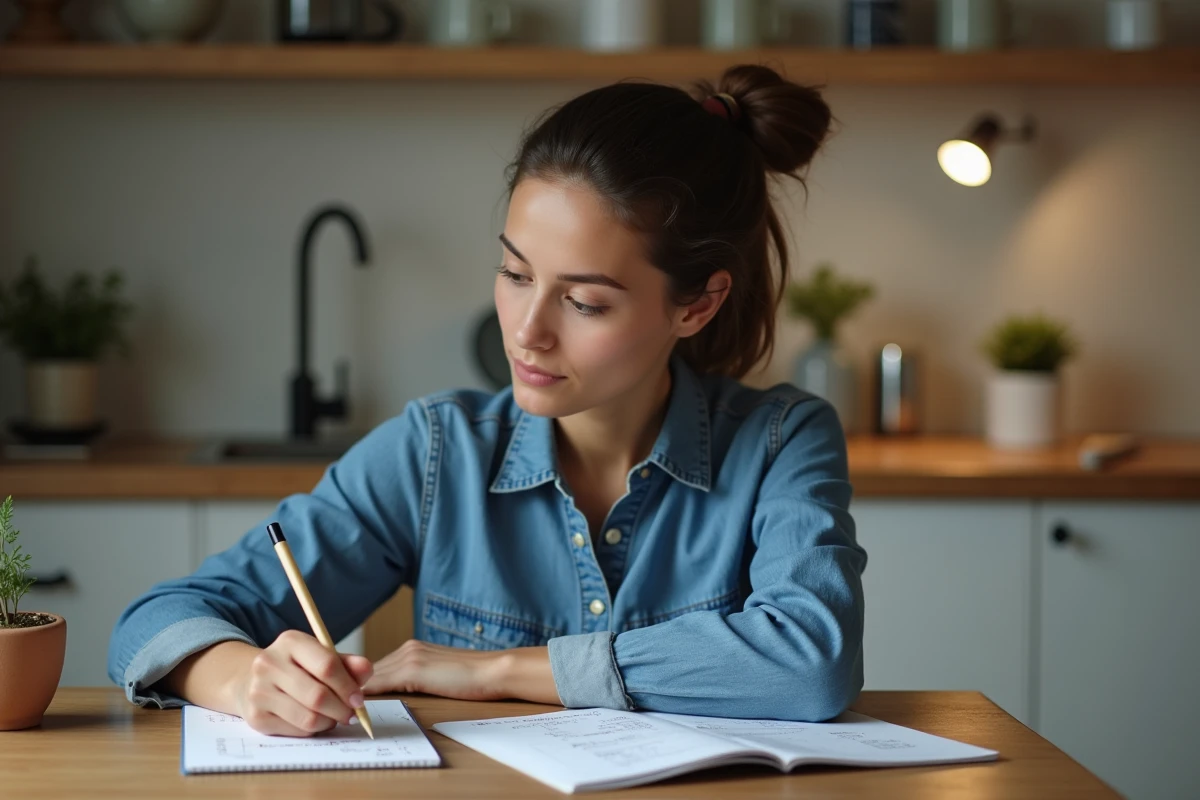 Jeune femme écrivant des calculs de conversion kilogrammes en tonnes dans une cuisine chaleureuse