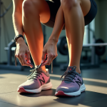 Femme sportive nouant ses chaussures de fitness colorées
