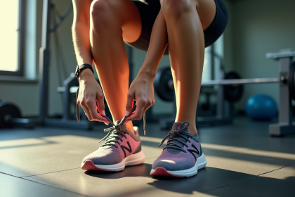 Femme sportive nouant ses chaussures de fitness colorées