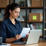 Femme comparant un numéro de suivi DPD sur une étiquette d'expédition avec le suivi affiché sur son ordinateur portable