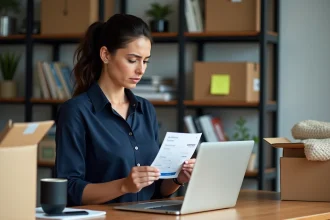 Femme comparant un numéro de suivi DPD sur une étiquette d'expédition avec le suivi affiché sur son ordinateur portable