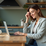 Femme comparant options bancaires en ligne à la maison