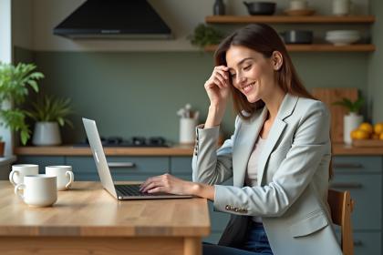 Femme comparant options bancaires en ligne à la maison