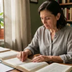 Femme consultant un dictionnaire français pour choisir le bon verbe entre s'amenuir et amoindrir